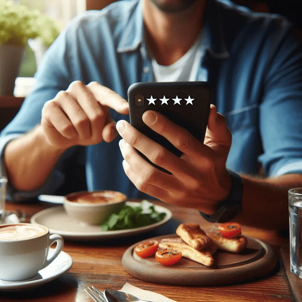 Customer leaving a five-star review on a smartphone