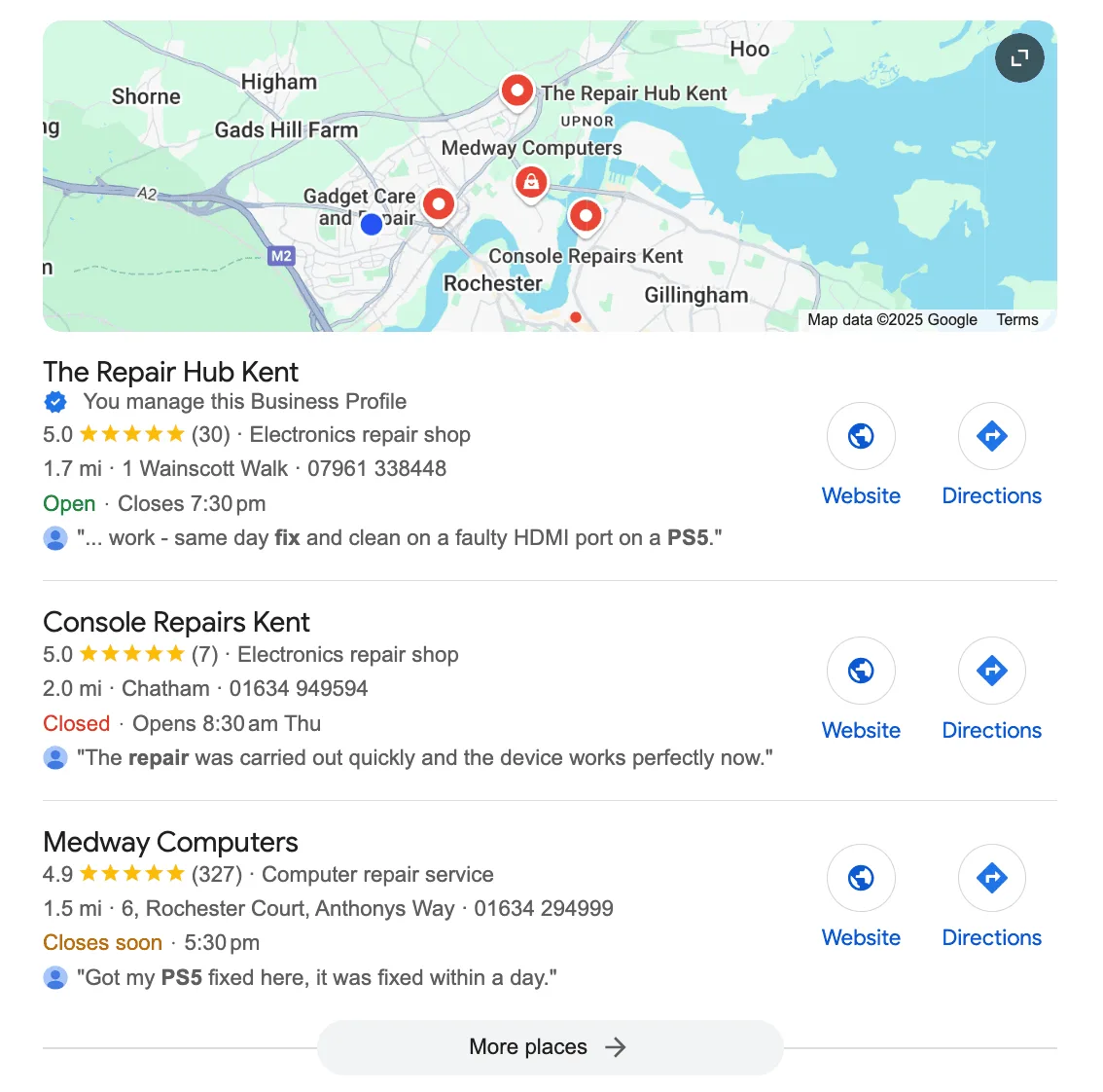Google Maps local pack showing The Repair Hub ranking first for PS5 repair