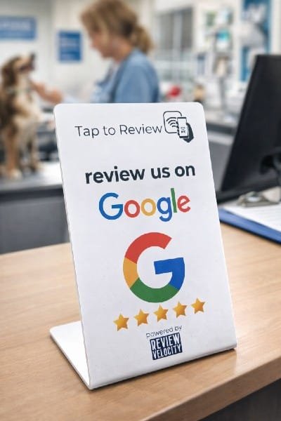 Tap to Review stand with a Google review QR code